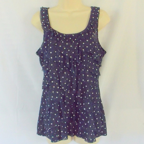 Flirty Navy Top sz L Ruffles and Polka Dots! - Picture 1 of 2